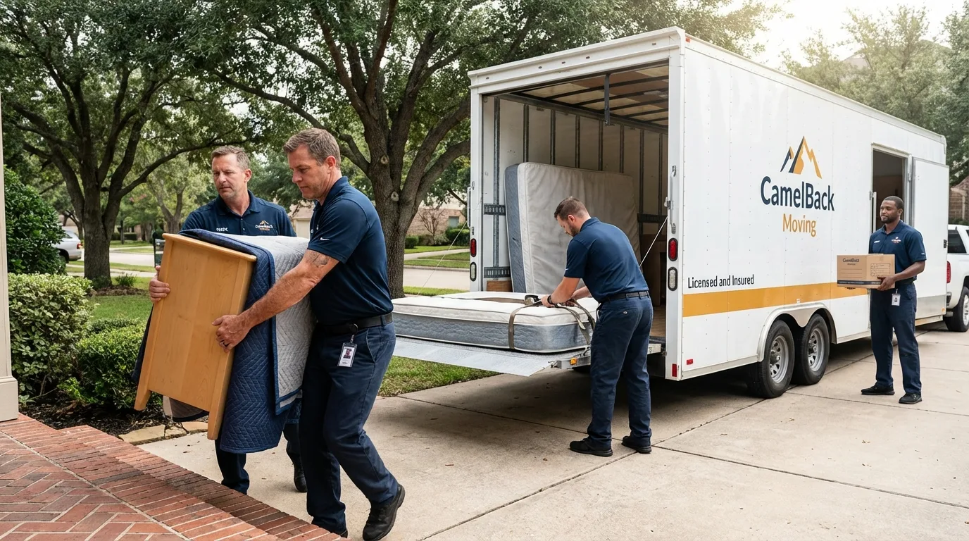Crew loading residential truck for cross-state move from Canoga Park, CA