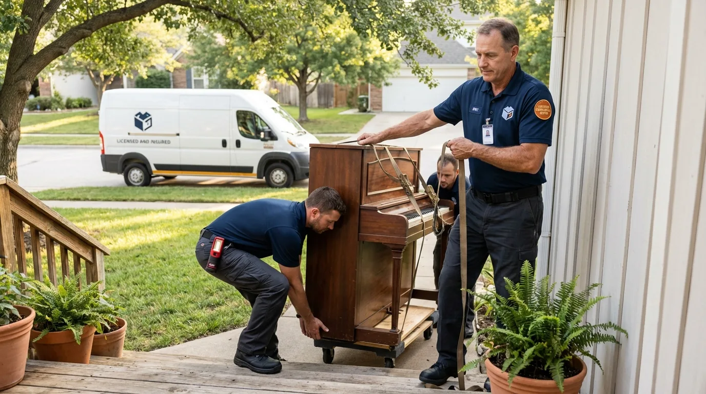 Licensed piano movers securing grand piano in Canoga Park, CA