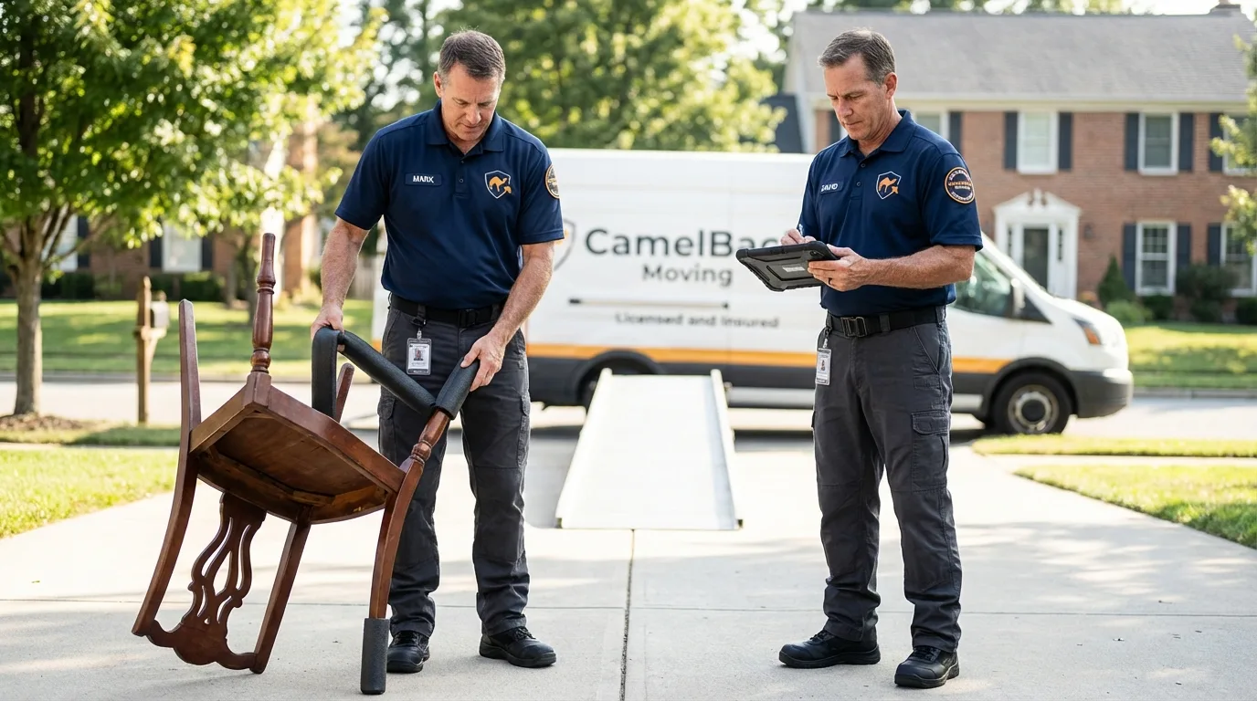 Movers inspecting furniture for damage prevention before loading in Canoga Park, CA