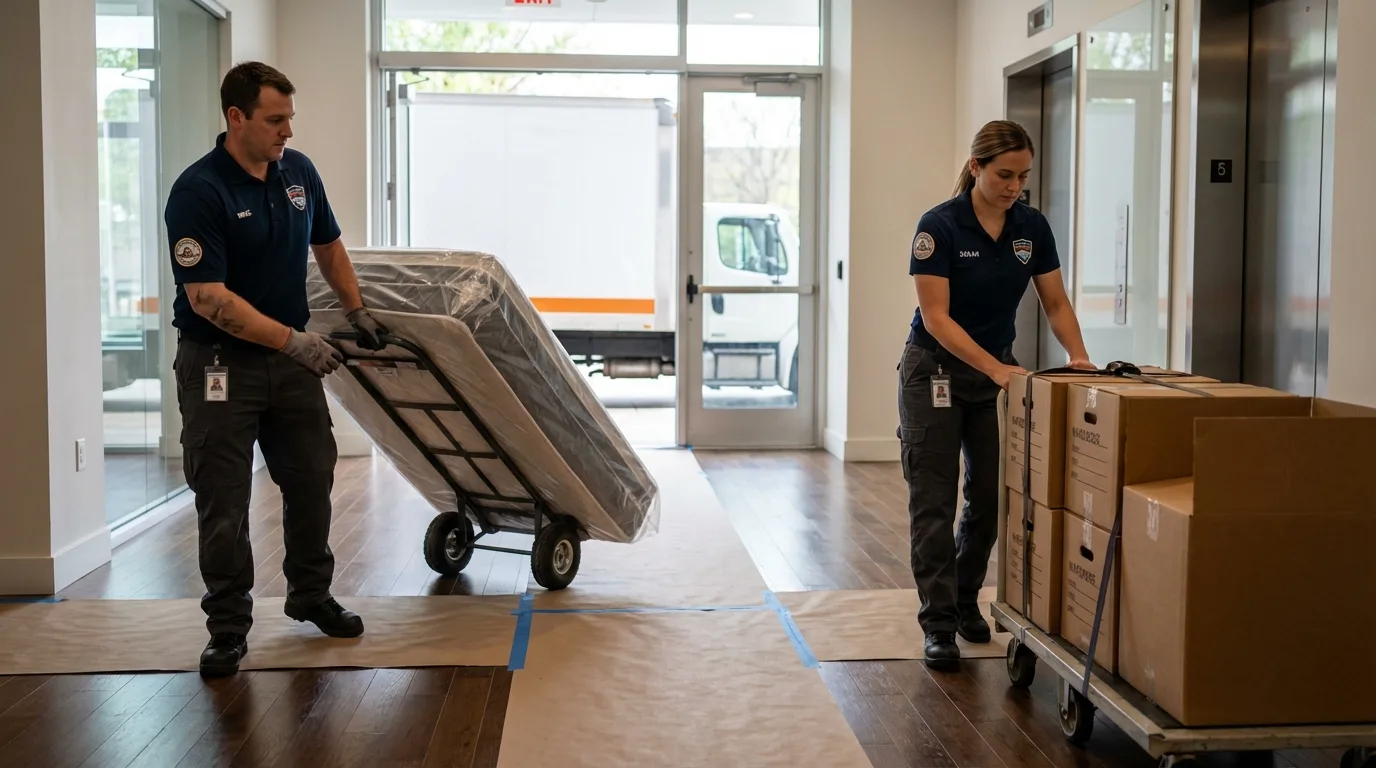 Professional apartment movers loading elevator in Canoga Park, CA